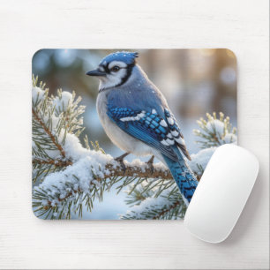 Blue Jay Perched On a Snowy Pine  Mouse Mat