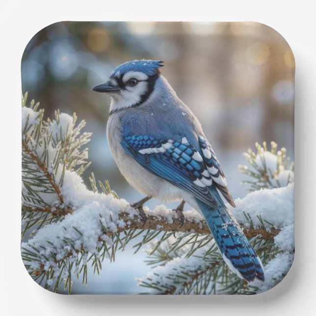 Blue Jay Perched On a Snowy Pine  Paper Plate (Front)