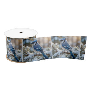 Blue Jay Perched On a Snowy Pine  Satin Ribbon