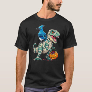 Blue Jay Riding Mummy T-Rex Dinosaur Halloween T-Shirt