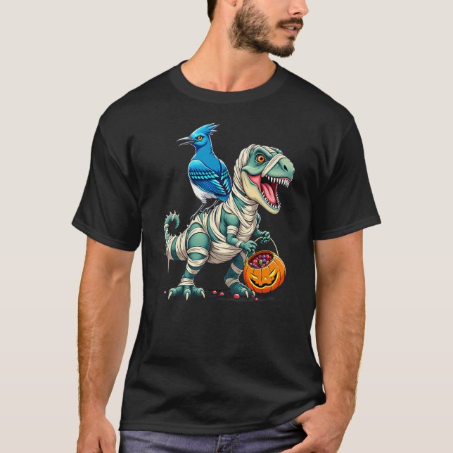 Blue Jay Riding Mummy T-Rex Dinosaur Halloween T-Shirt (Front)