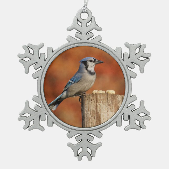 Blue Jay Snowflake Pewter Christmas Ornament (Front)