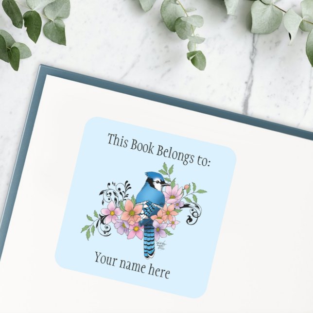Blue Jay Spring Flowers Bookplate Square Sticker (Creator Uploaded)