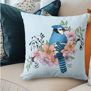 Blue Jay Spring Flowers Cushion