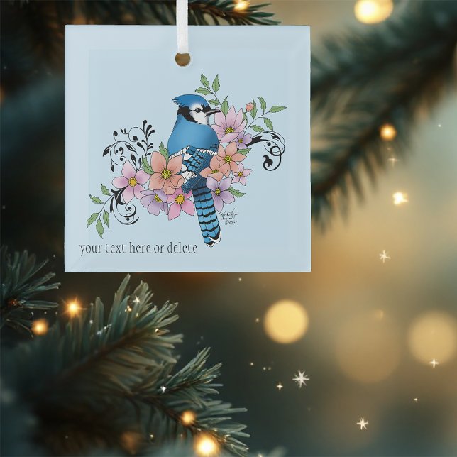 Blue Jay Spring Flowers Glass Tree Decoration (Creator Uploaded)