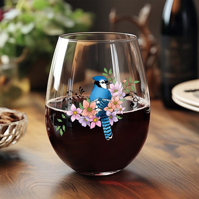 Blue Jay Spring Flowers Stemless Wine Glass (Creator Uploaded)