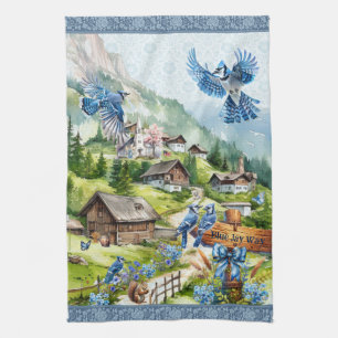 Blue Jay Way Bluejays in Heavenly Mountain Village Tea Towel