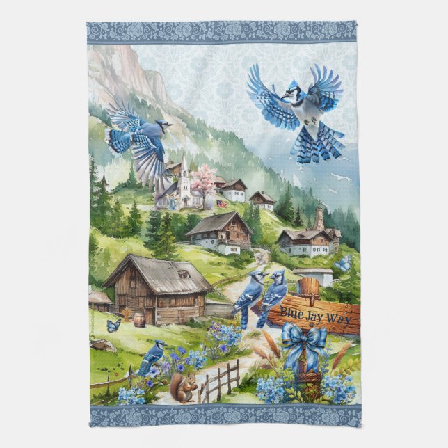 Blue Jay Way Bluejays in Heavenly Mountain Village Tea Towel (Vertical)
