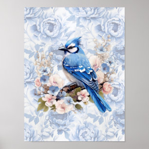 Blue Jay with Cornflower Blue & Blush Pink Floral  Poster