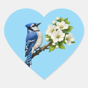 Blue Jay with White Blossoms Heart Sticker