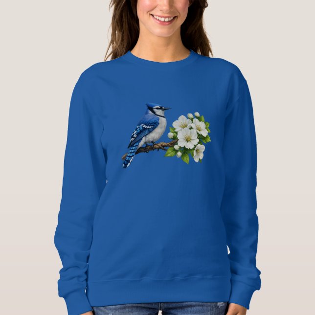 Blue Jay with White Blossoms Sweatshirt (Front)