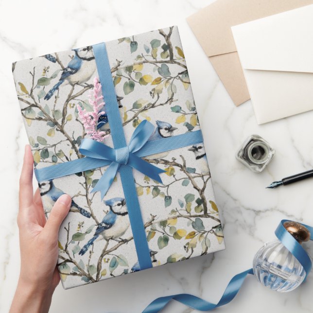Blue Jays Bird Branches and Blossoms Wrapping Paper (Gifting)