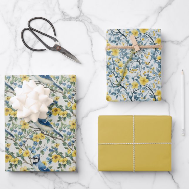 Blue Jays Bird Branches and Blossoms Wrapping Paper Sheet (Front)