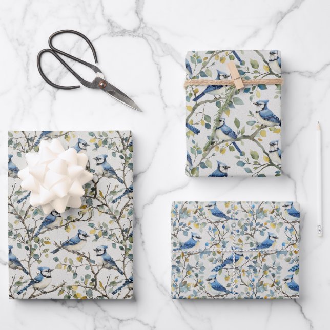 Blue Jays Bird Branches and Blossoms Wrapping Paper Sheet (Front)