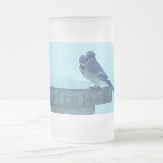 Blue Jays Winter Feeding Painterly Frosted Glass B Beer Mug (Center)