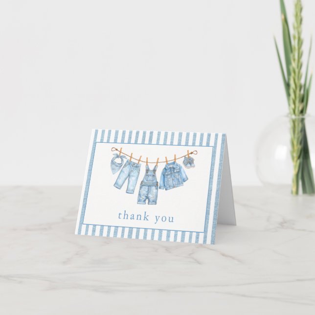 Blue Jean Baby Baby Shower Clothesline Denim Thank You Card (Front)