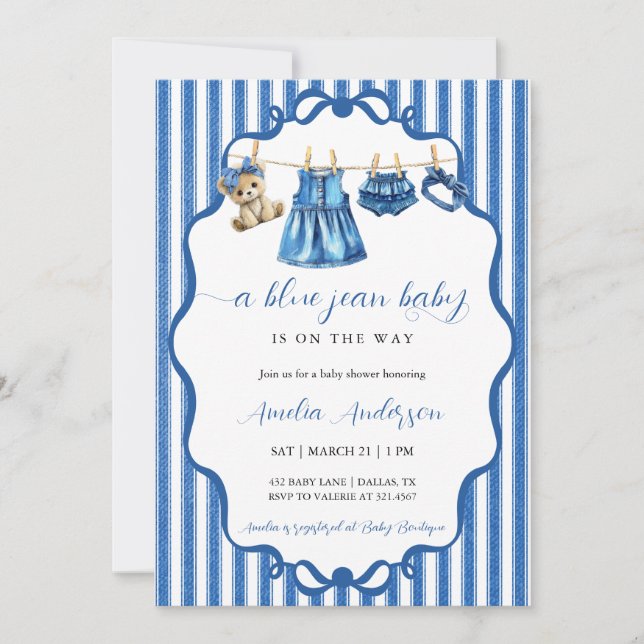 Blue Jean Baby Clothesline Watercolor Baby Shower Invitation (Front)