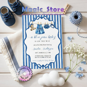 Blue Jean Baby Clothesline Watercolor Baby Shower Invitation