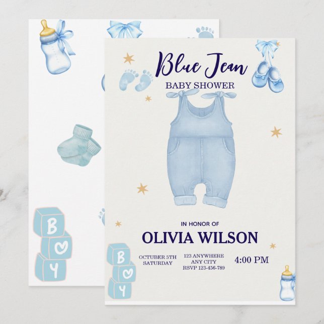 Blue jean baby denim baby shower invitation (Front/Back)