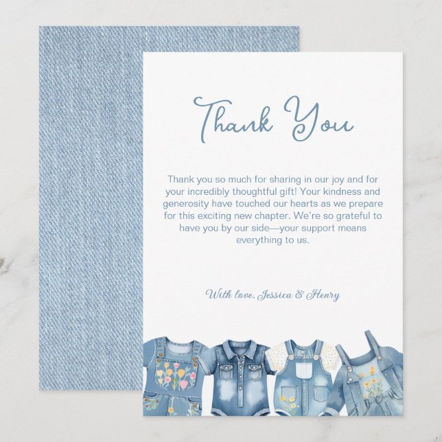 Blue Jean Baby Denim Jumpsuit Baby Shower Thank You Card (Front/Back)