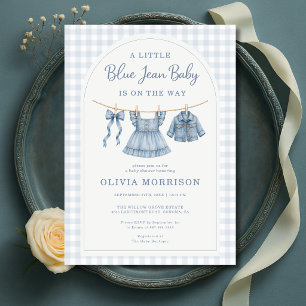 Blue Jean Baby Girl Gingham Baby Shower  Invitation