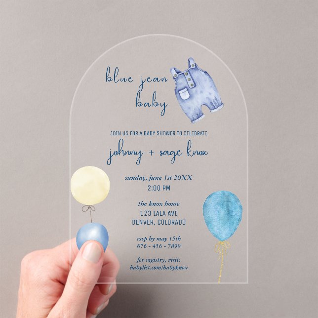 Blue Jean Baby | Modern Baby Shower | Balloon Arch Acrylic Invitations (Insitu (Handheld))