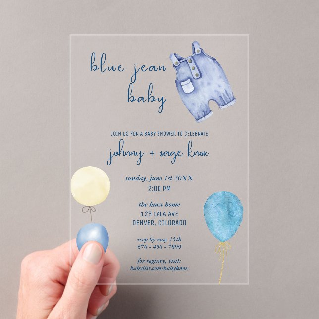 Blue Jean Baby | Modern Baby Shower | Balloons Acrylic Invitations (Insitu (Handheld))