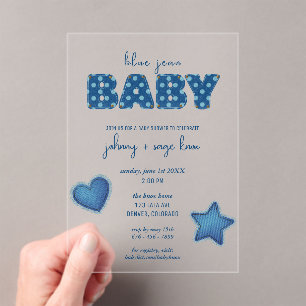 Blue Jean Baby Modern Baby Shower Patchwork Acrylic Invitations