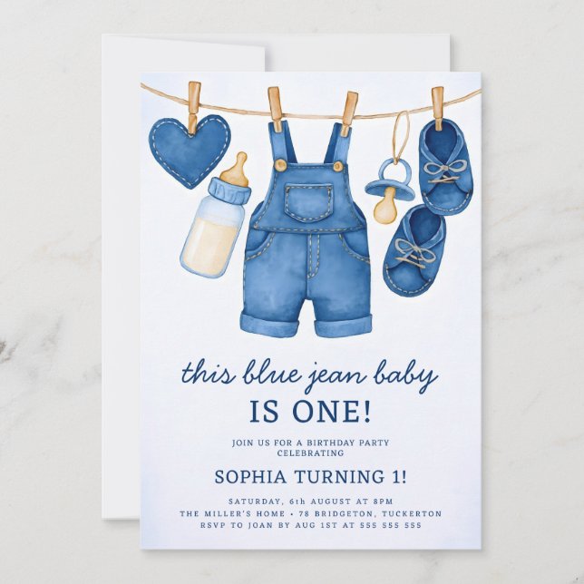Blue Jean Baby Modern Denim 1st Birthday Invitation (Front)