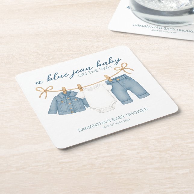 Blue Jean Baby On The Way Baby Shower  Square Paper Coaster (Angled)
