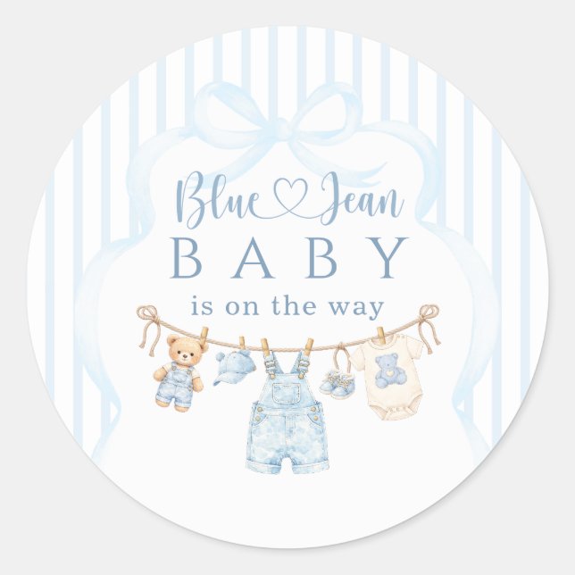 Blue Jean Baby Shower Boy Modern Stripe Classic Round Sticker (Front)