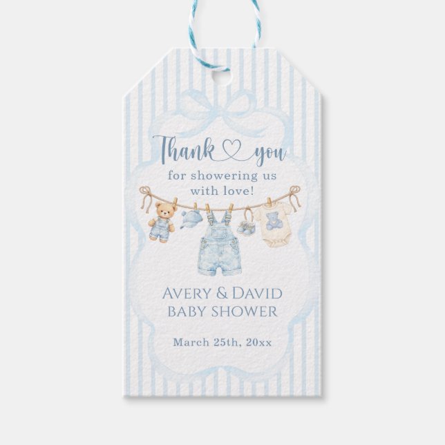 Blue Jean Baby Shower Boy Modern Stripe Gift Tags (Front)