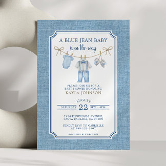 Blue Jean Baby Shower Watercolor Clothesline Invitation