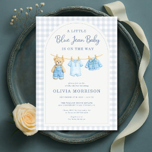 Blue Jean Baby Teddy Bear Baby Shower  Invitation