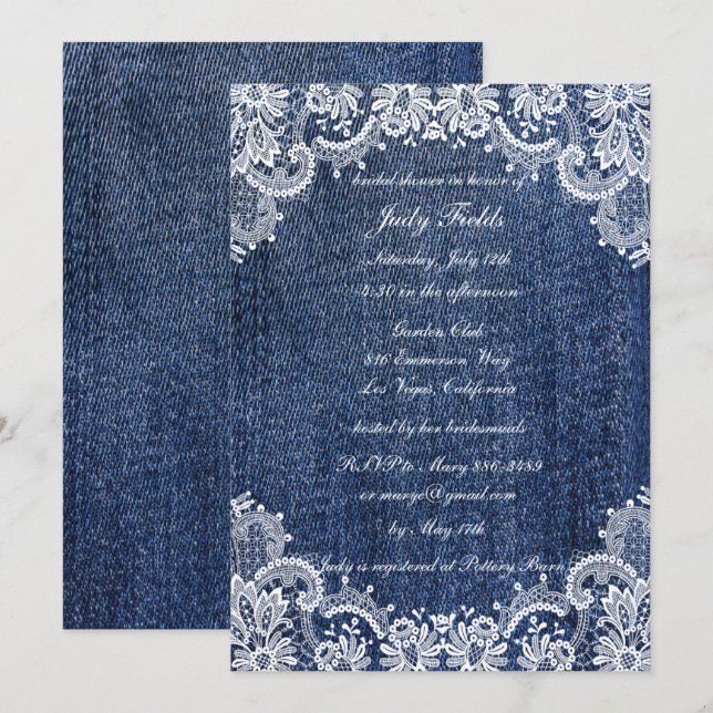 Blue Jean Denim And Lace Bridal Shower Invitation (Front/Back)