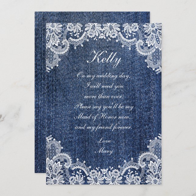 Blue Jean Denim And Lace Maid Of Honour Invitation (Front/Back)