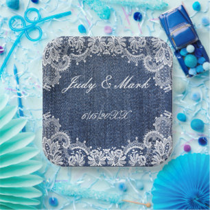 Blue Jean Denim And Lace Paper Plate