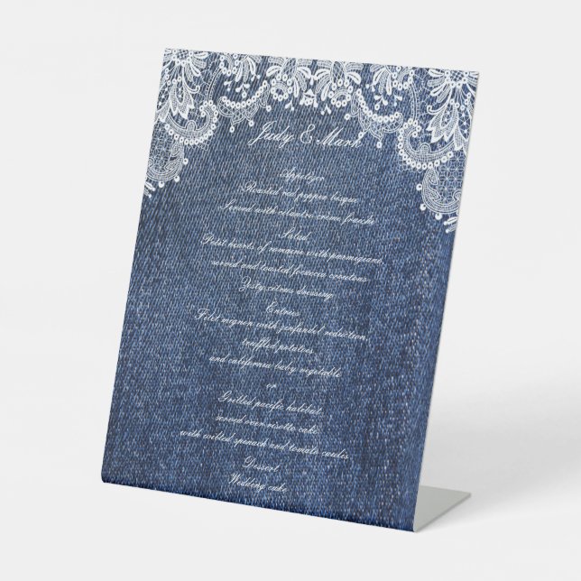 Blue Jean Denim And Lace Wedding Menu Pedestal Sign (Front)