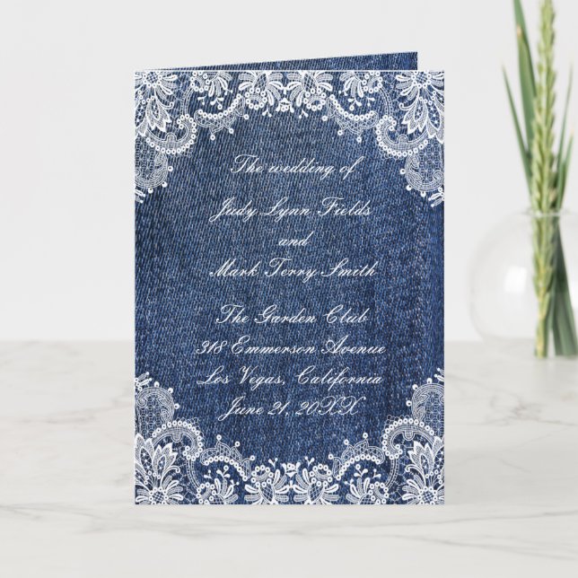 Blue Jean Denim And Lace Wedding Programme (Front)