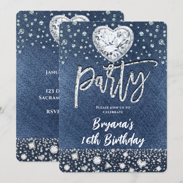 Blue Jean Denim & Bling Diamonds Birthday Party Invitation (Front/Back)