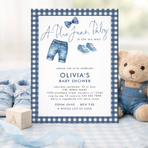 Blue Jean Denim Boy Gingham Baby Shower  Invitation