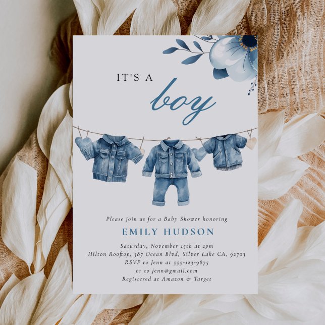 Blue Jean Denim Clothes Boy Baby Shower Invitation (Creator Uploaded)