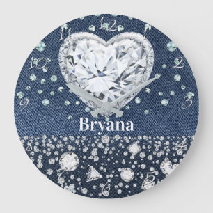 Blue Jean Denim & Diamonds Bling Diamond Heart Large Clock