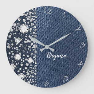 Blue Jean Denim & Diamonds Bling Diamond Heart Large Clock