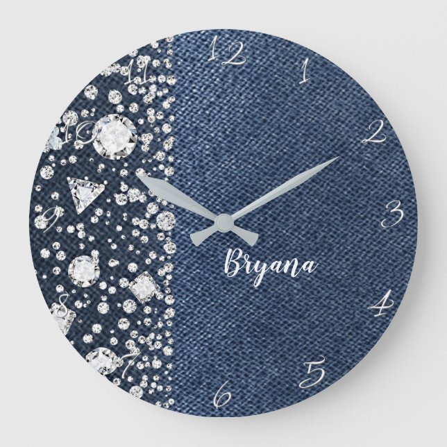 Blue Jean Denim & Diamonds Bling Diamond Heart Large Clock (Front)