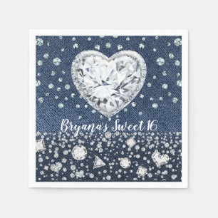 Blue Jean Denim & Diamonds Bling Diamond Heart Napkin