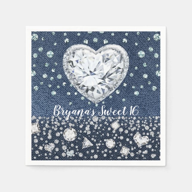 Blue Jean Denim & Diamonds Bling Diamond Heart Napkin (Front)