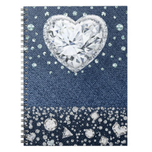 Blue Jean Denim & Diamonds Bling Diamond Heart Notebook