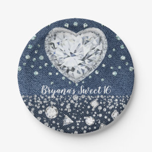 Blue Jean Denim & Diamonds Bling Diamond Heart Paper Plate