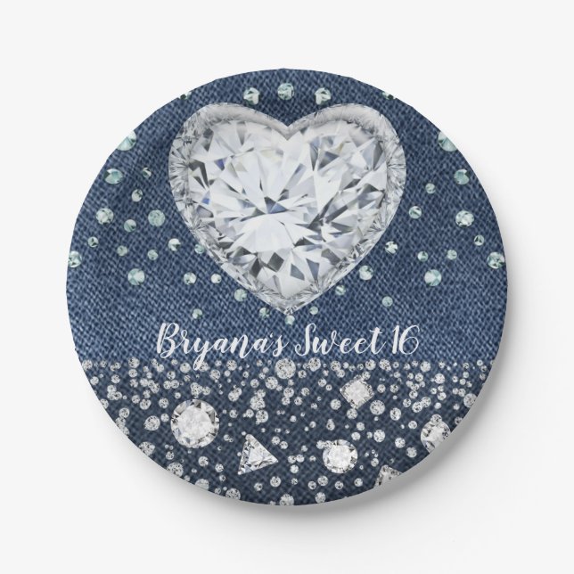 Blue Jean Denim & Diamonds Bling Diamond Heart Paper Plate (Front)
